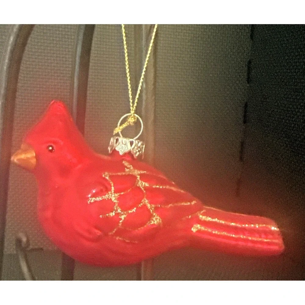 Vintage Beautiful Red Glass W/Gold Glitter Cardinal Bird Christmas Ornament